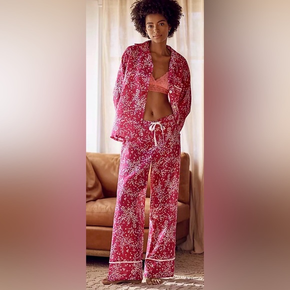 Anthropologie Papinelle Cheri Blossom Full Length Pajama Set Size L Silk Blend - Picture 16 of 16